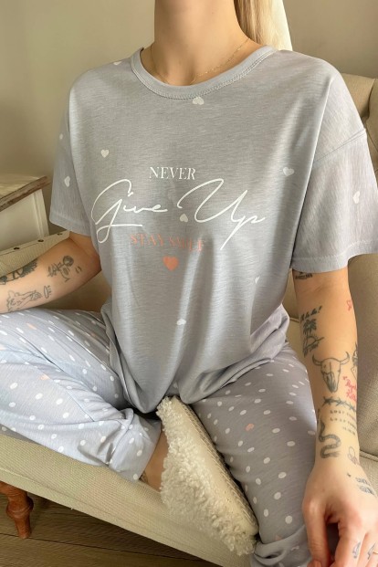 Gri Never Give Up Baskılı Örme Kısa Kollu Kadın Pijama Takımı - 4