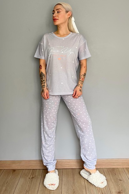 Gri Never Give Up Baskılı Örme Kısa Kollu Kadın Pijama Takımı - 5
