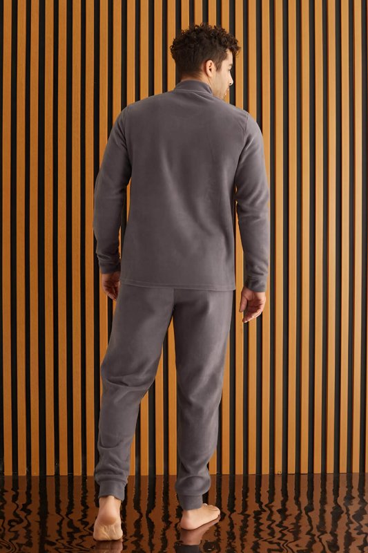 Gri Önden Fermuarlı Uzun Kollu Polar Erkek Pijama Takımı - Pijamaevi (2)