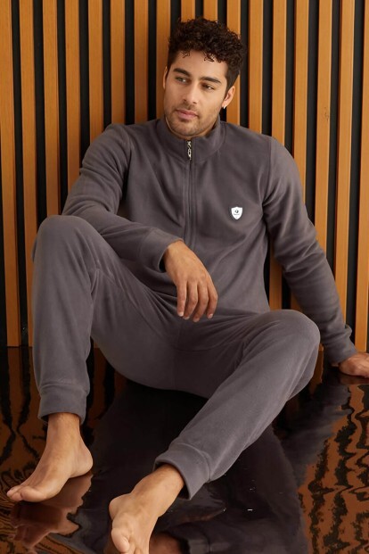 Gri Önden Fermuarlı Uzun Kollu Polar Erkek Pijama Takımı - 4