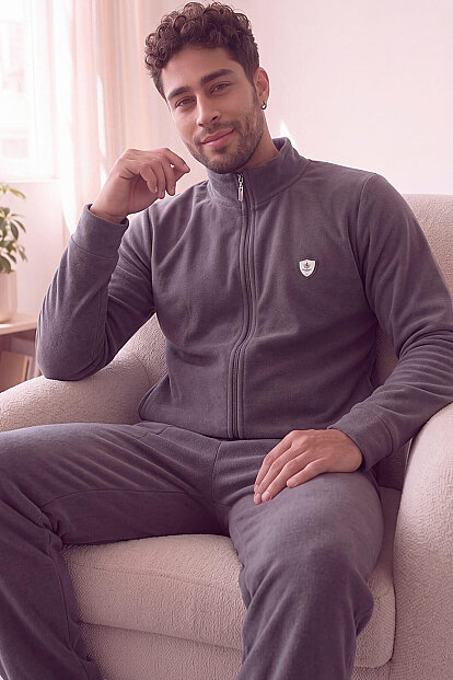 Gri Önden Fermuarlı Uzun Kollu Polar Erkek Pijama Takımı 