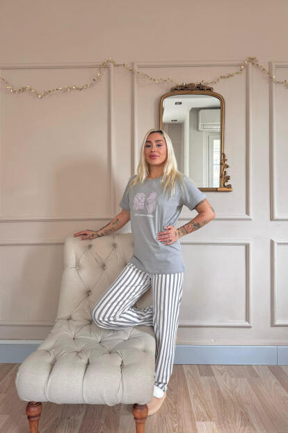Gri Pajamas Desenli Pamuk Kısa Kollu Kadın Pijama Takımı - 7