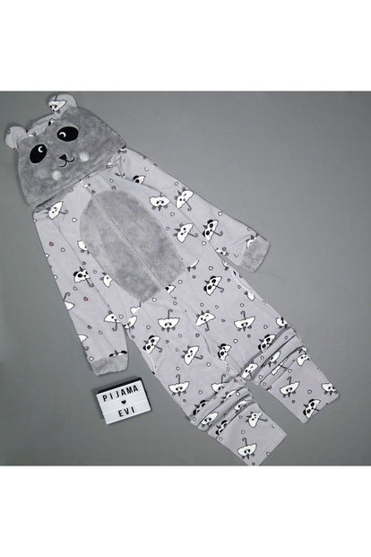 Gri Panda Desenli Kadın Polar Peluş Tulum Pijama Takımı - 2