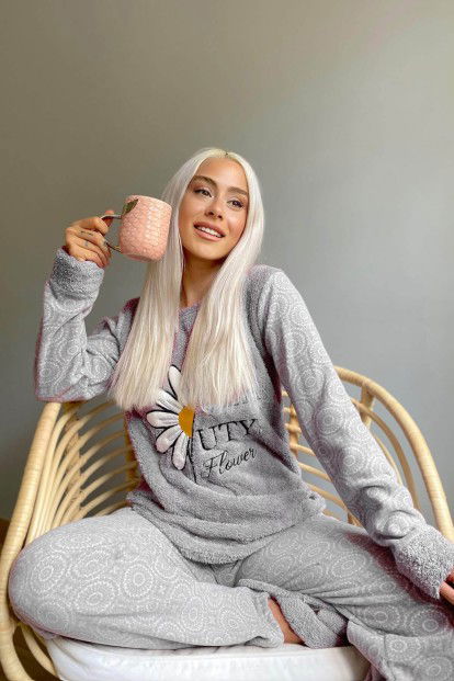Gri Papatya Desenli Kadın Peluş Pijama Takımı - 2