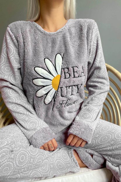 Gri Papatya Desenli Kadın Peluş Pijama Takımı - 5