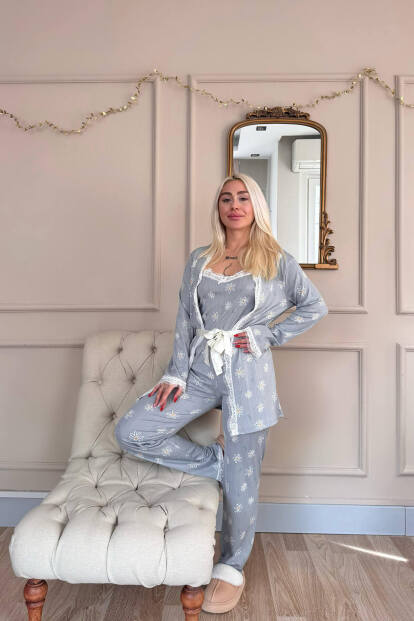 Gri Papatya Desenli Sabahlıklı Pegasus Pijama Takımı - 5