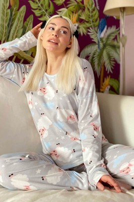 Gri Pecora Baskılı Uzun Kol Kadın Pijama Takımı - 1