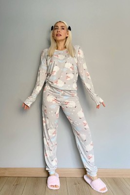 Gri Pecora Baskılı Uzun Kol Kadın Pijama Takımı - 3