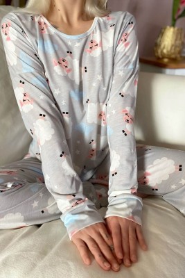 Gri Pecora Baskılı Uzun Kol Kadın Pijama Takımı - 4