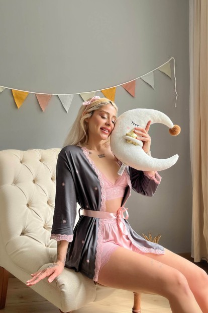 Gri Pembe Sunlit Desenli Bambu Crop Sabahlıklı Şortlu Pijama - 2