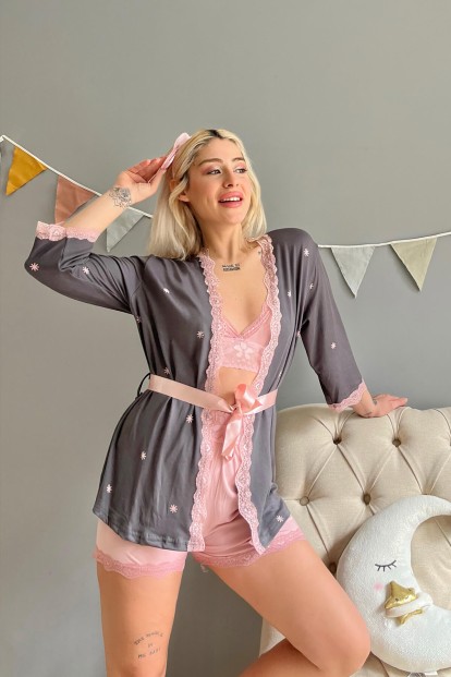 Gri Pembe Sunlit Desenli Bambu Crop Sabahlıklı Şortlu Pijama - 5