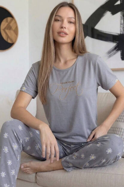 Gri Perfect Desenli Bambu Kısa Kol Kadın Pijama Takımı 