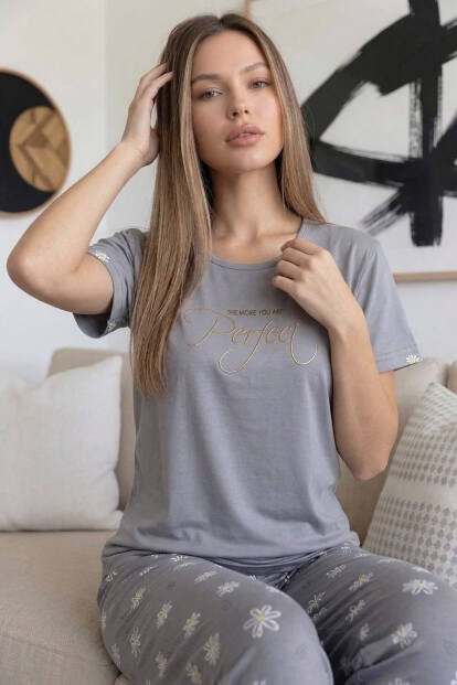 Gri Perfect Desenli Bambu Kısa Kol Kadın Pijama Takımı - 2