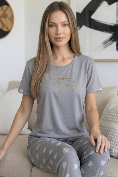 Gri Perfect Desenli Bambu Kısa Kol Kadın Pijama Takımı - 4