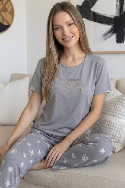 Gri Perfect Desenli Bambu Kısa Kol Kadın Pijama Takımı - 5