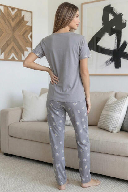 Gri Perfect Desenli Bambu Kısa Kol Kadın Pijama Takımı - 7