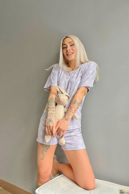 Gri Petalsiz Baskılı Şortlu Kadın Pijama Takımı - 2