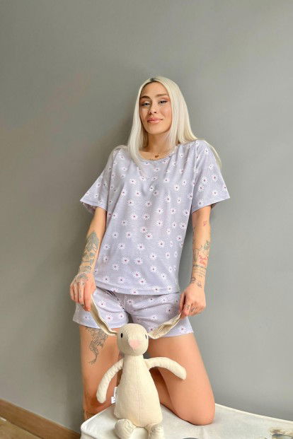 Gri Petalsiz Baskılı Şortlu Kadın Pijama Takımı - 3