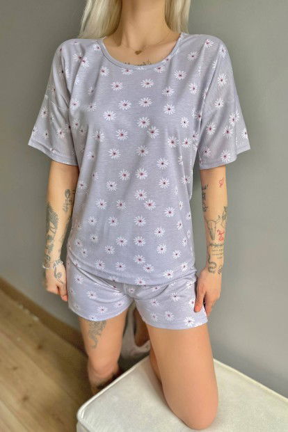 Gri Petalsiz Baskılı Şortlu Kadın Pijama Takımı - 4