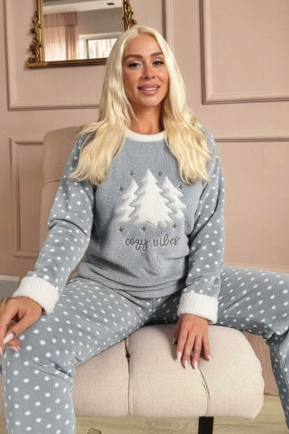 Gri Pine Tree Desenli Kadın Peluş Pijama Takımı 