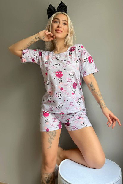 Gri Play Panda Baskılı Şortlu Kadın Pijama Takımı - 2