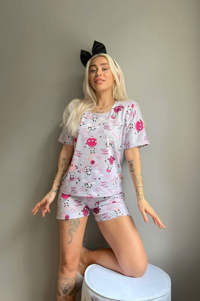 Gri Play Panda Baskılı Şortlu Kadın Pijama Takımı - 3