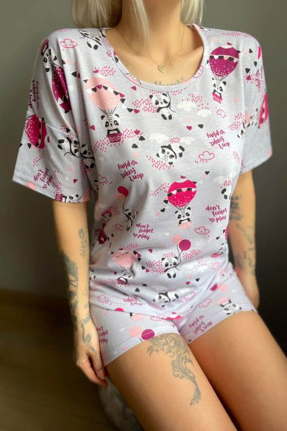Gri Play Panda Baskılı Şortlu Kadın Pijama Takımı - 4