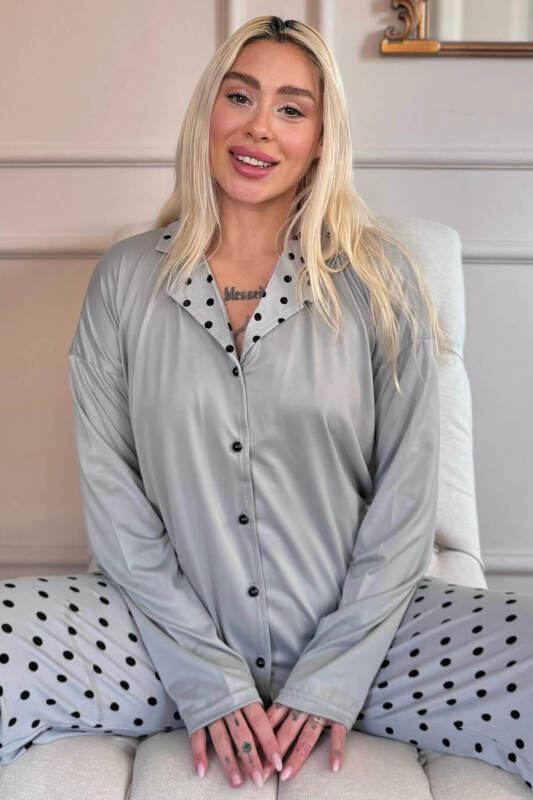 Gri Points Desenli Bambu Önden Düğmeli Uzun Kol Kadın Pijama Takımı - Pijamaevi