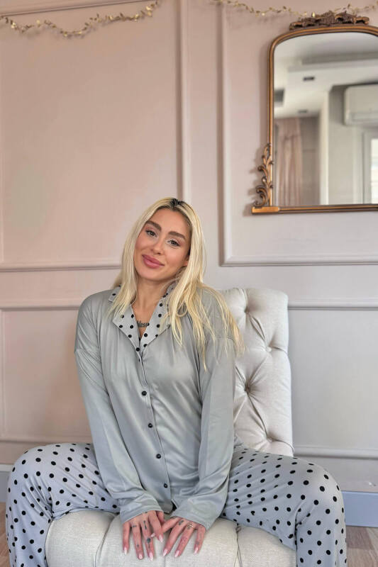 Gri Points Desenli Bambu Önden Düğmeli Uzun Kol Kadın Pijama Takımı - Pijamaevi (3)