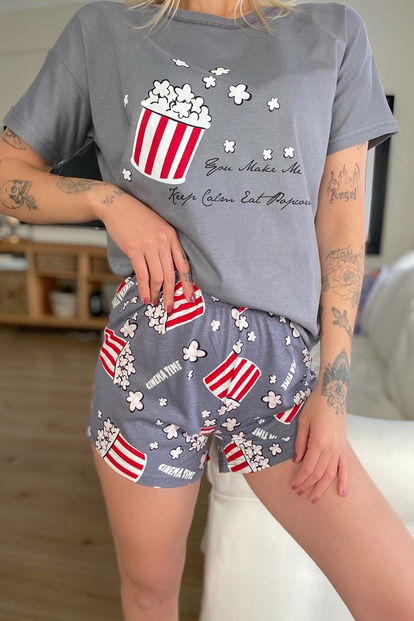Gri Popcorn Baskılı Şortlu Kadın Pijama Takımı - 3