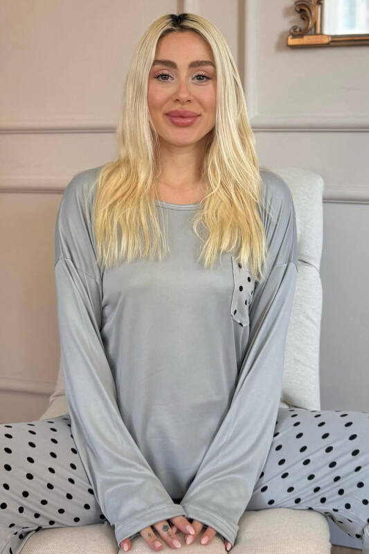 Gri Puan Desenli Bambu Uzun Kol Kadın Pijama Takımı - Pijamaevi