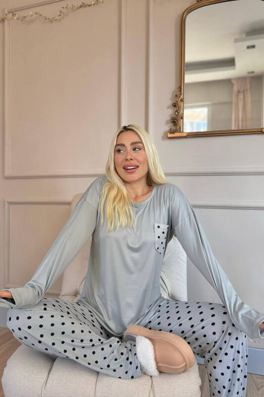 Gri Puan Desenli Bambu Uzun Kol Kadın Pijama Takımı - Pijamaevi (3)