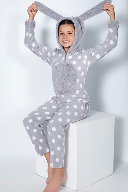 Gri Puan Desenli Kız Çocuk Polar Peluş Tulum Pijama 