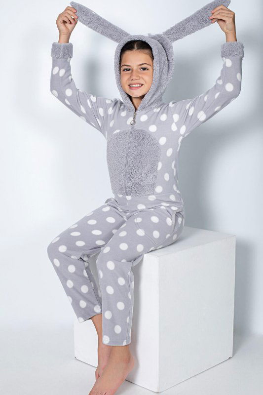 Gri Puan Desenli Kız Çocuk Polar Peluş Tulum Pijama - Pijamaevi
