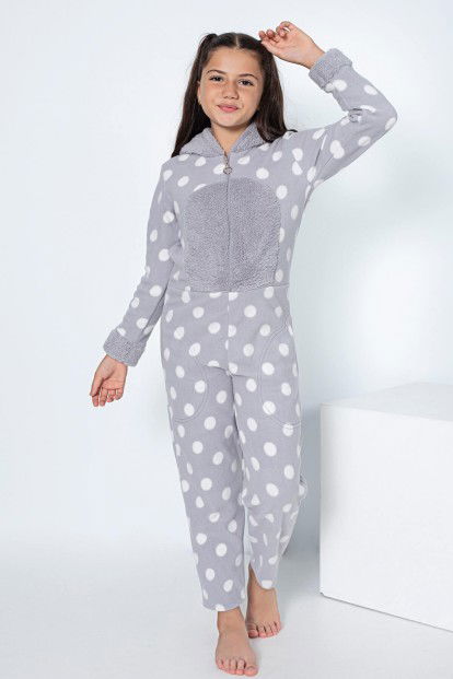 Gri Puan Desenli Kız Çocuk Polar Peluş Tulum Pijama - 2