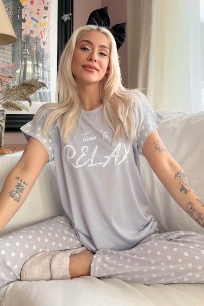 Gri Relax Baskılı Örme Kısa Kol Kadın Pijama Takımı - 1