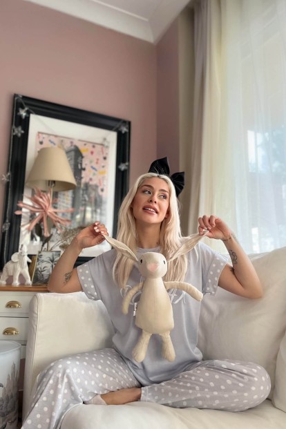 Gri Relax Baskılı Örme Kısa Kol Kadın Pijama Takımı - 3