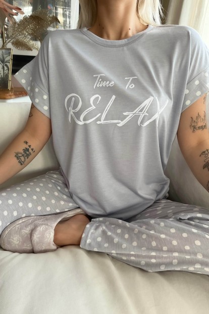 Gri Relax Baskılı Örme Kısa Kol Kadın Pijama Takımı - 4