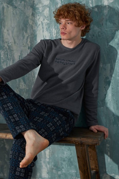 Gri Revolution Desenli Polar Erkek Pijama Takımı - 1