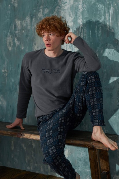 Gri Revolution Desenli Polar Erkek Pijama Takımı - 2