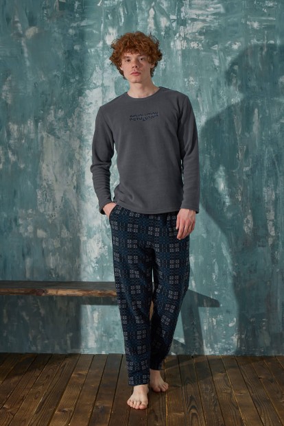 Gri Revolution Desenli Polar Erkek Pijama Takımı - 3