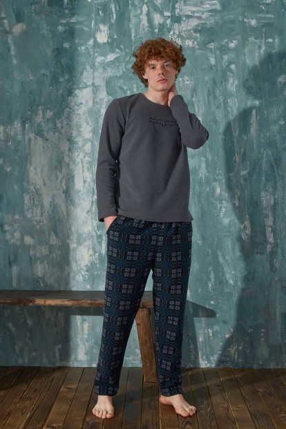 Gri Revolution Desenli Polar Erkek Pijama Takımı - 4