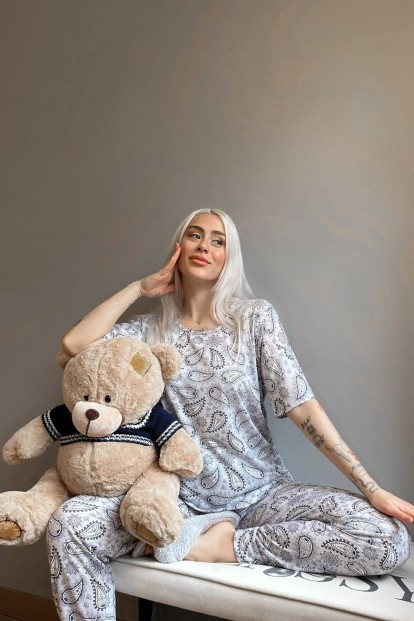 Gri Şal Baskılı Kısa Kollu Kadın Pijama Takımı - 3