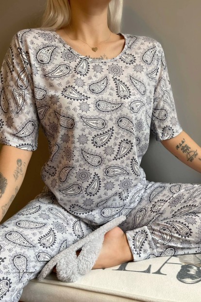 Gri Şal Baskılı Kısa Kollu Kadın Pijama Takımı - 4