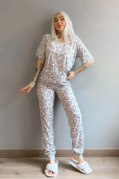 Gri Şal Baskılı Kısa Kollu Kadın Pijama Takımı - 5