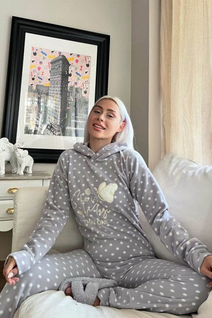 Gri She is Magic Desenli Kapşonlu Peluş Polar Pijama Takımı - 3