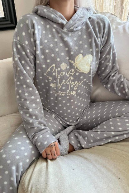 Gri She is Magic Desenli Kapşonlu Peluş Polar Pijama Takımı - 4