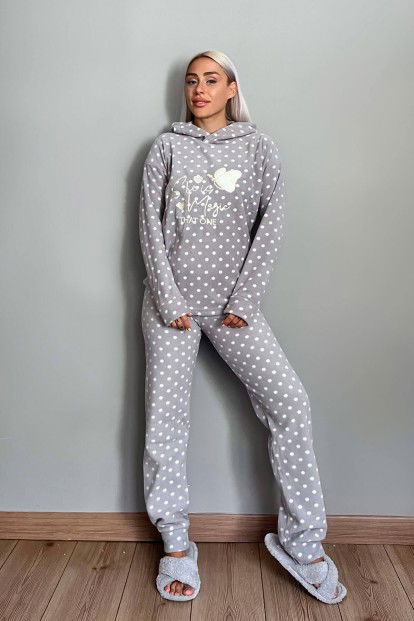 Gri She is Magic Desenli Kapşonlu Peluş Polar Pijama Takımı - 5