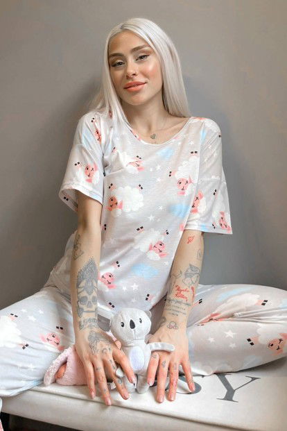 Gri Sheep Baskılı Kısa Kollu Kadın Pijama Takımı - 1