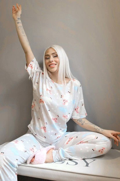 Gri Sheep Baskılı Kısa Kollu Kadın Pijama Takımı - 2